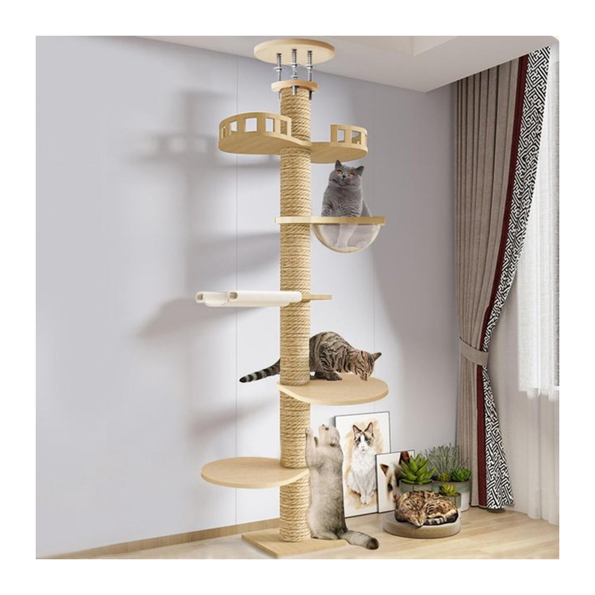 Verstellbarer Kratzbaum aus Holz in Beige mit 6 Stufen und Hanf-Kratzstämmen für Innen und Außen - Bild 1