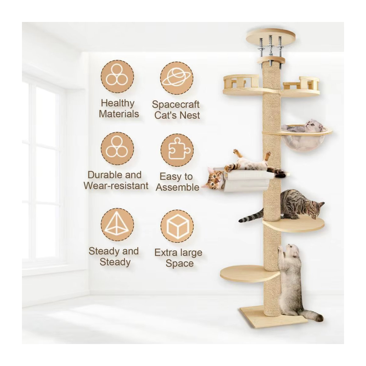 Verstellbarer Kratzbaum aus Holz in Beige mit 6 Stufen und Hanf-Kratzstämmen für Innen und Außen - Bild 2