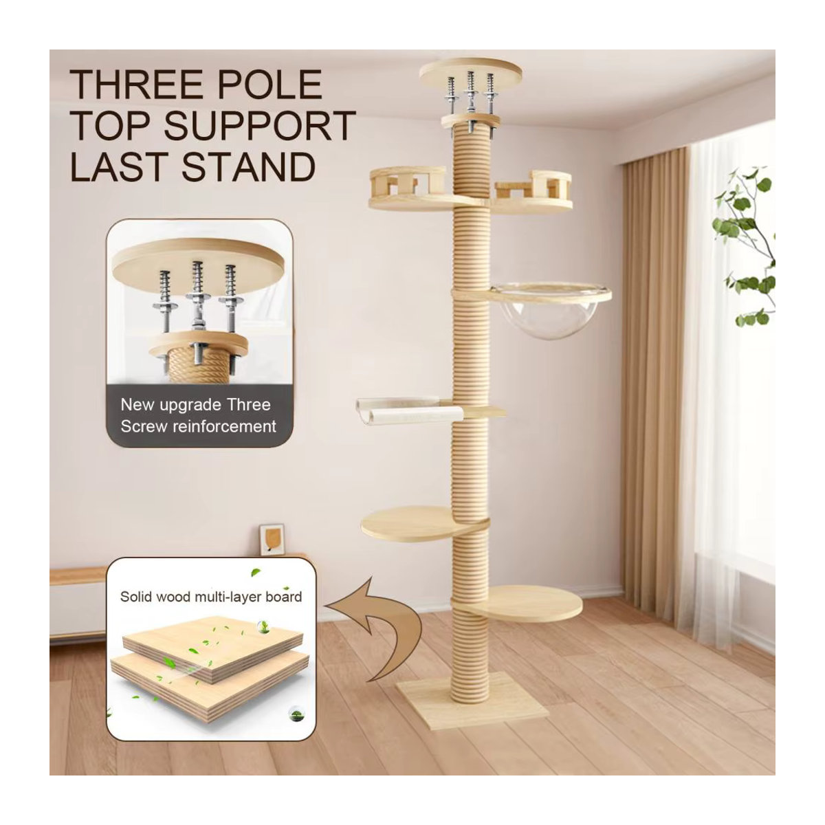 Verstellbarer Kratzbaum aus Holz in Beige mit 6 Stufen und Hanf-Kratzstämmen für Innen und Außen - Bild 3