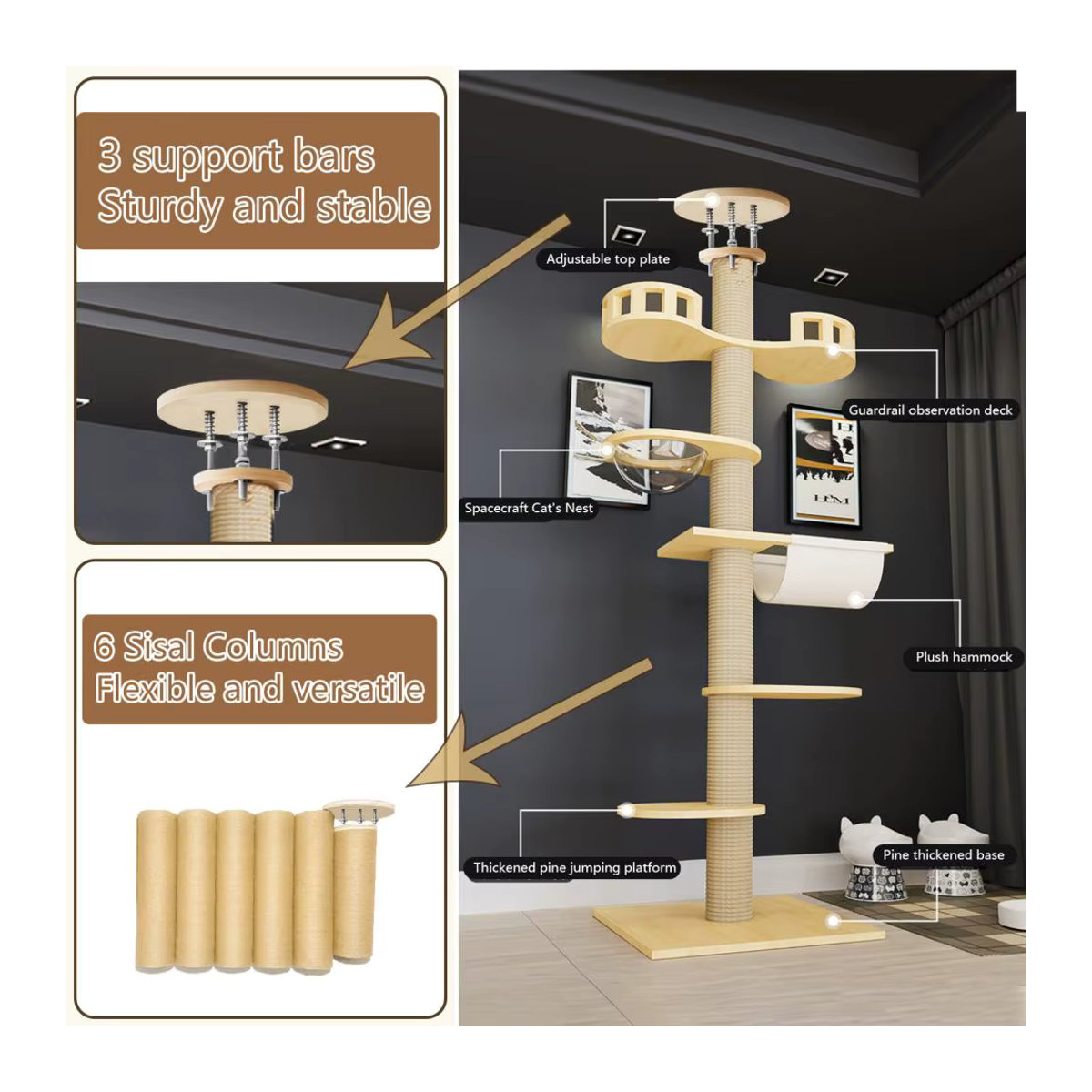 Verstellbarer Kratzbaum aus Holz in Beige mit 6 Stufen und Hanf-Kratzstämmen für Innen und Außen - Bild 4