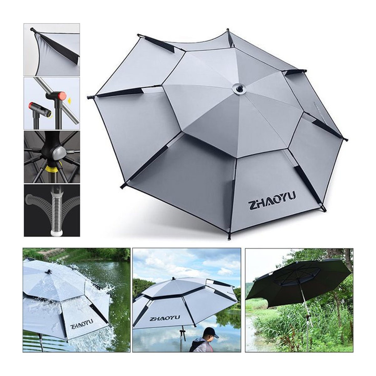 Verstellbarer Outdoor-Sonnenschirm als Angelschirm und Strandschirm mit großem Haken, Durchmesser: 2,0 m - Bild 1