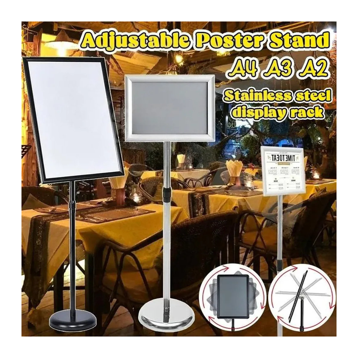 Verstellbarer Plakatständer aus Edelstahl und Acryl von The Romantics in Goldgelb für A2 A3 A4 Werbetafeln und Displays - Bild 5