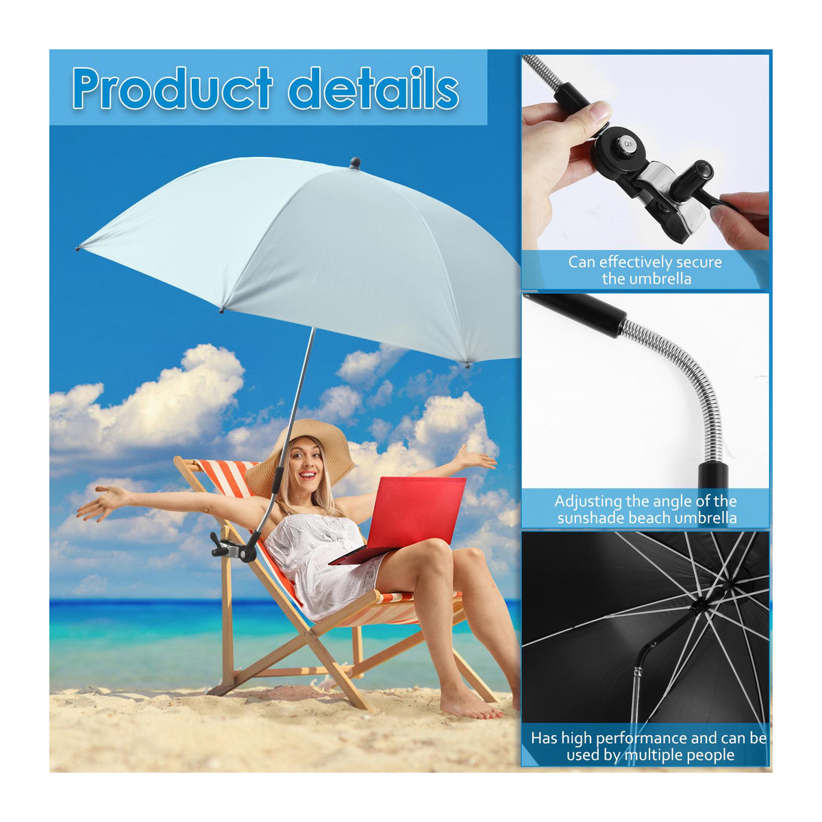 Verstellbarer Strandschirm von OFFICE-MALL mit Clip-Halterung für Strand, Campingstuhl und Rollstuhl - Bild 4