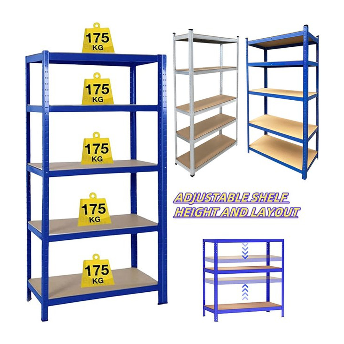 Verstellbares 5-stufiges Metallregal in Blau mit 875 kg Tragkraft, bolzenfreies Garagenregal für Werkstatt und Keller, B/T/H: 200 x 100 x 50 cm - Bild 1