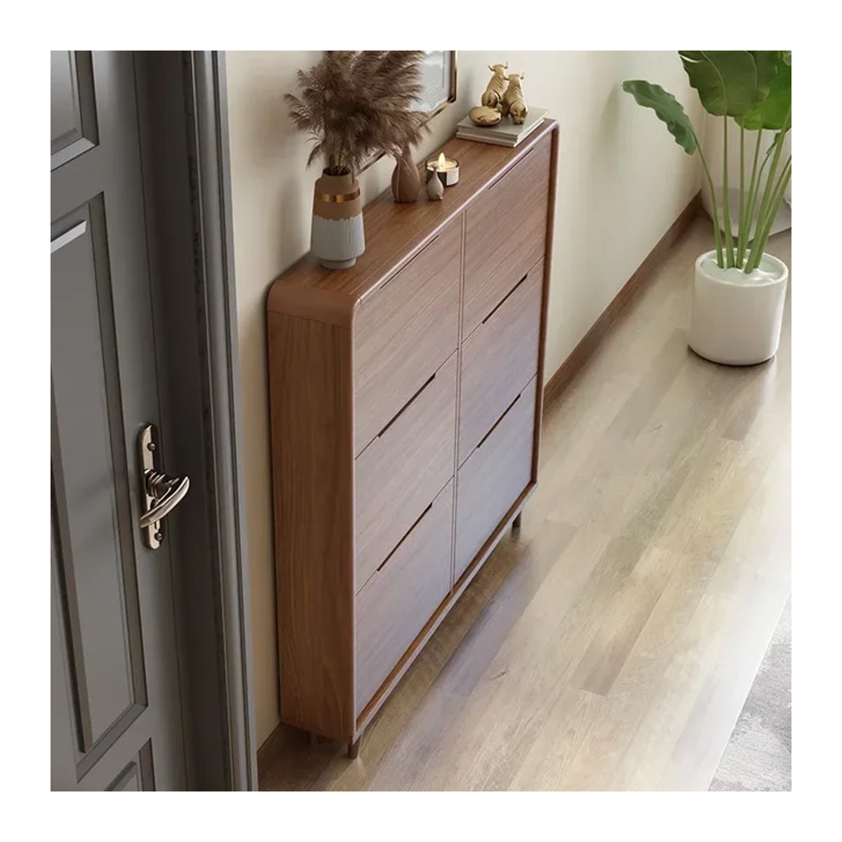 Verstellbares Schuhregal aus Holz in Braun im Vintage-Stil mit Drehtüren und minimalistischem Design - Bild 1