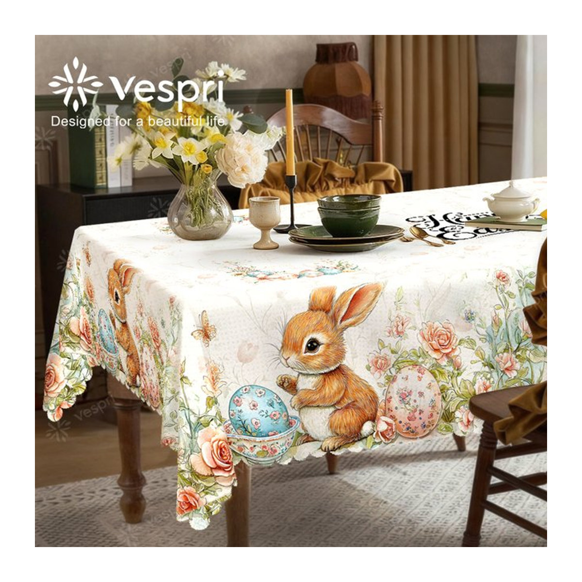 Vespri Oster-Tischdecke aus Polyester mit weiß-orangefarbenem Kaninchen, Blumen und Schmetterlingen für runde, rechteckige und ovale Tische - Bild 1