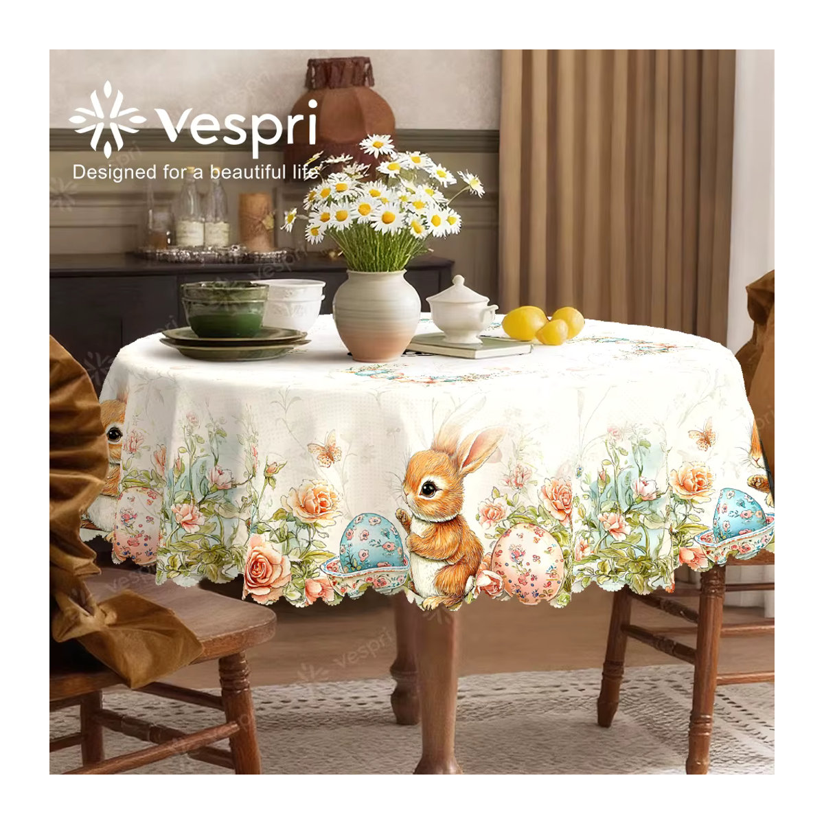Vespri Oster-Tischdecke aus Polyester mit weiß-orangefarbenem Kaninchen, Blumen und Schmetterlingen für runde, rechteckige und ovale Tische - Bild 2