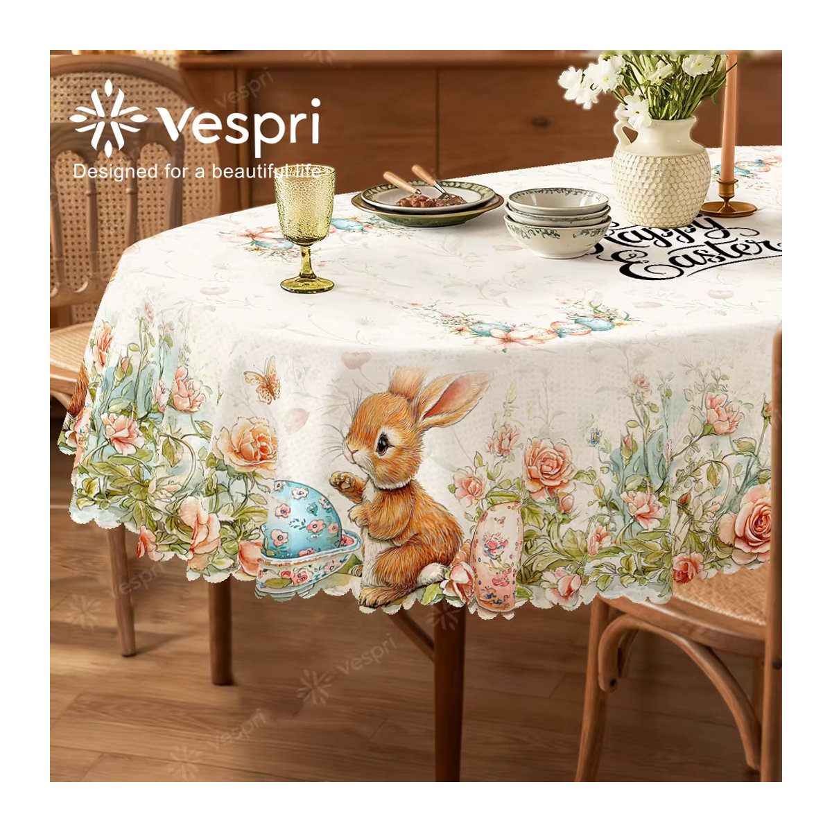 Vespri Oster-Tischdecke aus Polyester mit weiß-orangefarbenem Kaninchen, Blumen und Schmetterlingen für runde, rechteckige und ovale Tische - Bild 3