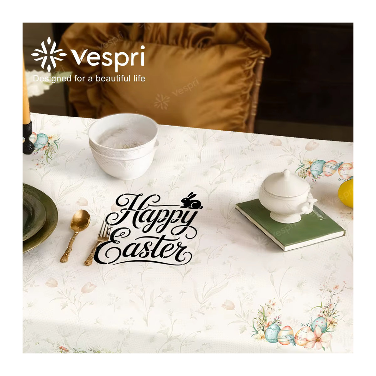 Vespri Oster-Tischdecke aus Polyester mit weiß-orangefarbenem Kaninchen, Blumen und Schmetterlingen für runde, rechteckige und ovale Tische - Bild 4