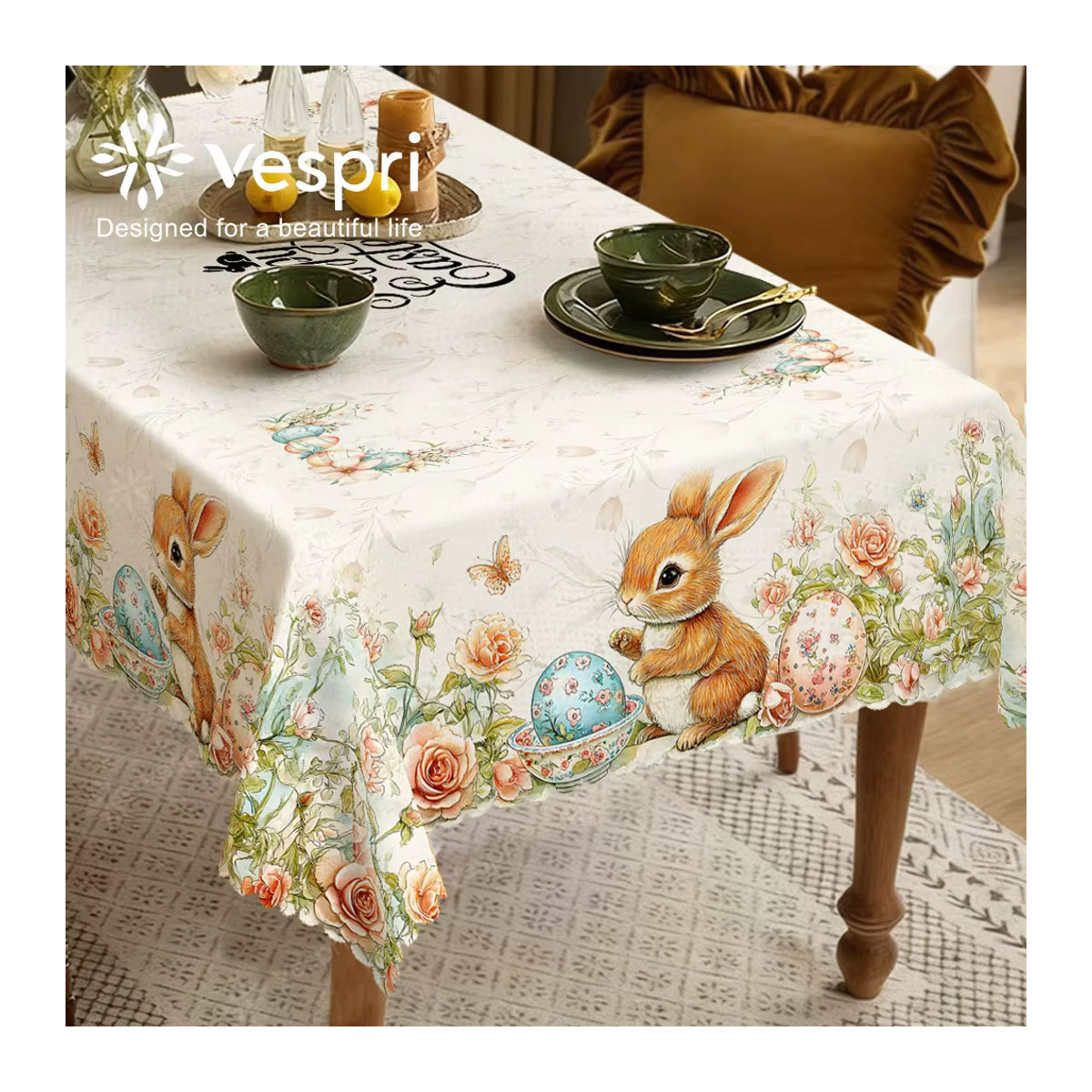 Vespri Oster-Tischdecke aus Polyester mit weiß-orangefarbenem Kaninchen, Blumen und Schmetterlingen für runde, rechteckige und ovale Tische - Bild 5