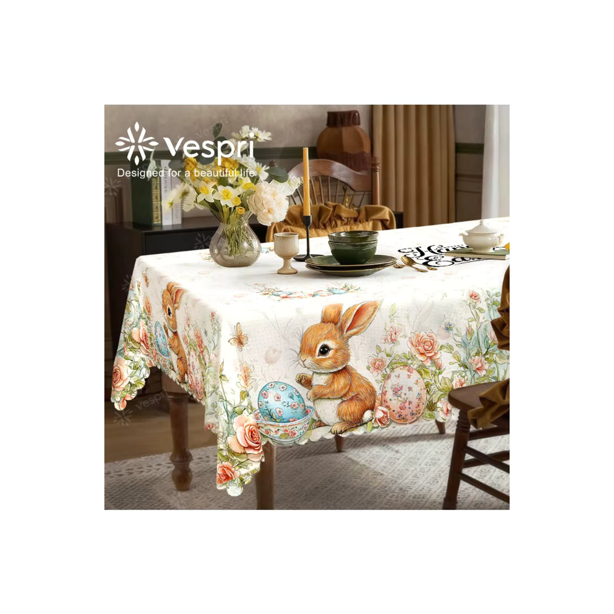 Vespri Oster-Tischdecke aus Polyester mit weiß-orangefarbenem Kaninchen, Blumen und Schmetterlingen für runde, rechteckige und ovale Tische - Bild 6