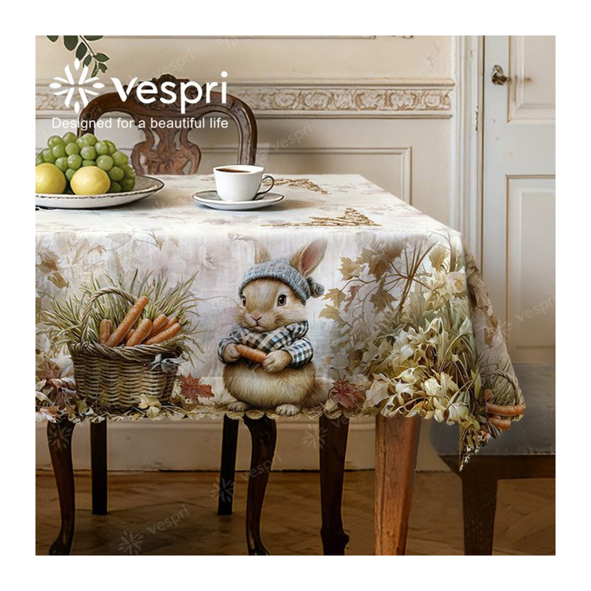 Vespri Oster-Tischdecke mit Karotten- und Hasen-Dekor in Weiß und Beige - Bild 1