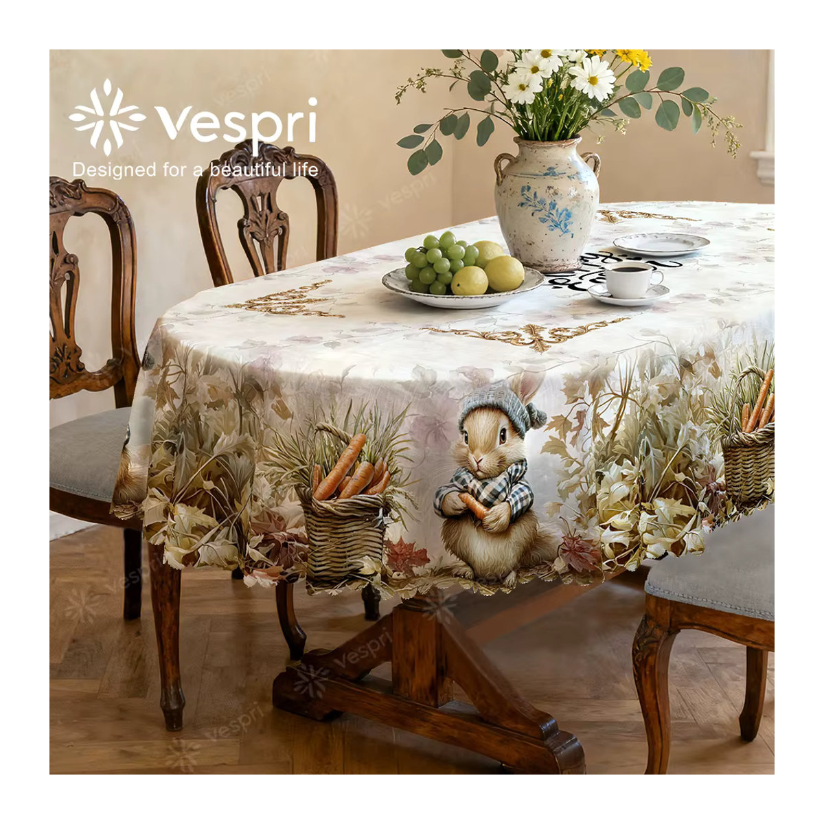 Vespri Oster-Tischdecke mit Karotten- und Hasen-Dekor in Weiß und Beige - Bild 3