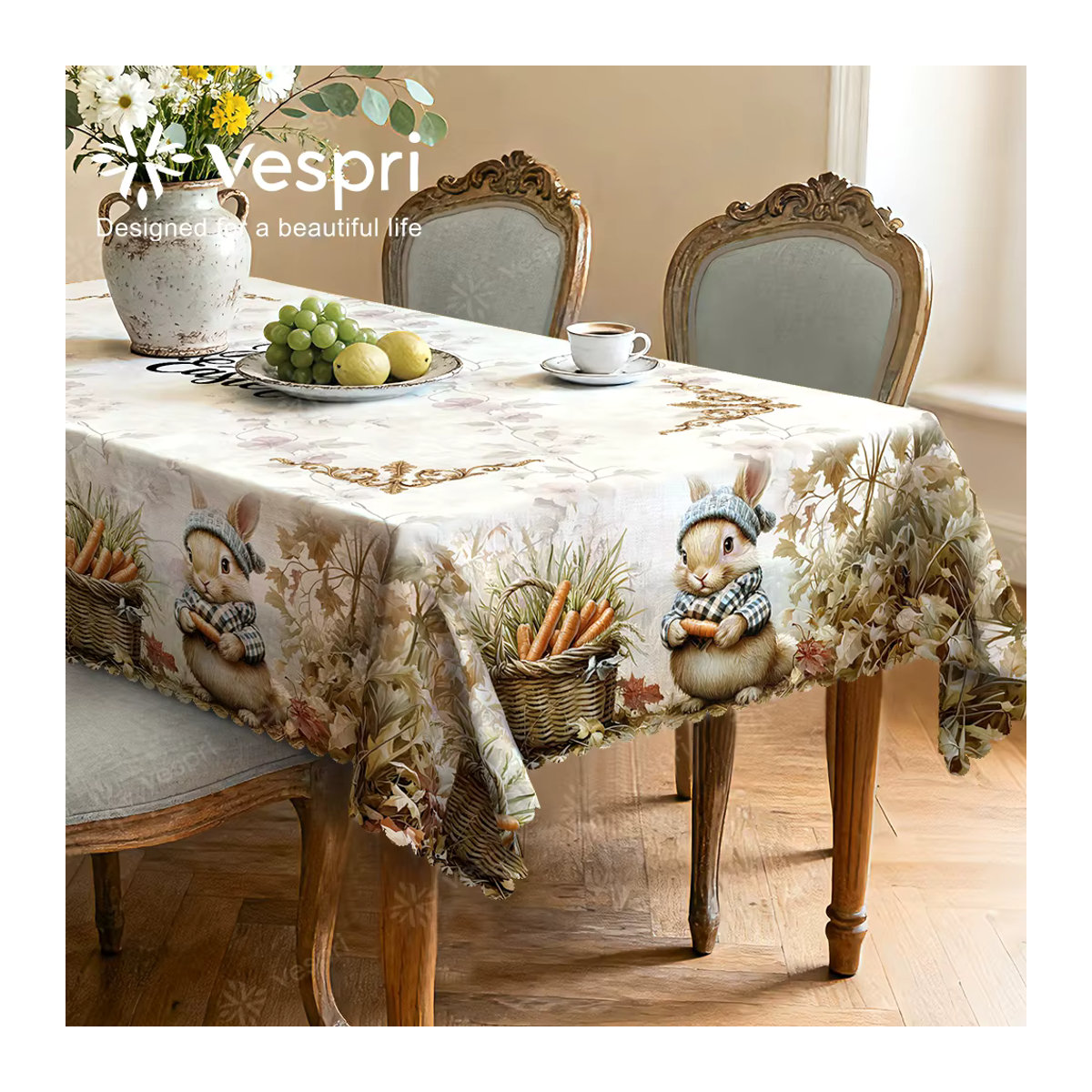 Vespri Oster-Tischdecke mit Karotten- und Hasen-Dekor in Weiß und Beige - Bild 4