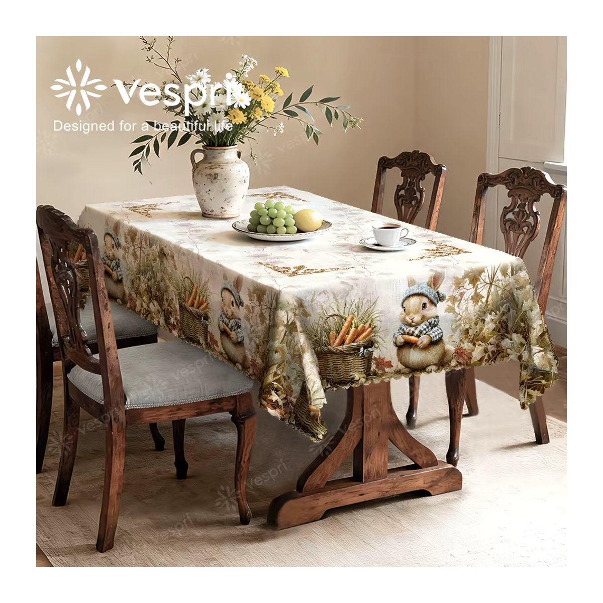 Vespri Oster-Tischdecke mit Karotten- und Hasen-Dekor in Weiß und Beige - Bild 5
