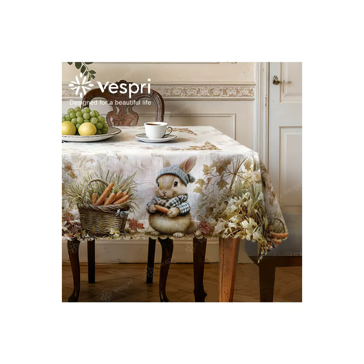 Vespri Oster-Tischdecke mit Karotten- und Hasen-Dekor in Weiß und Beige - Bild 6