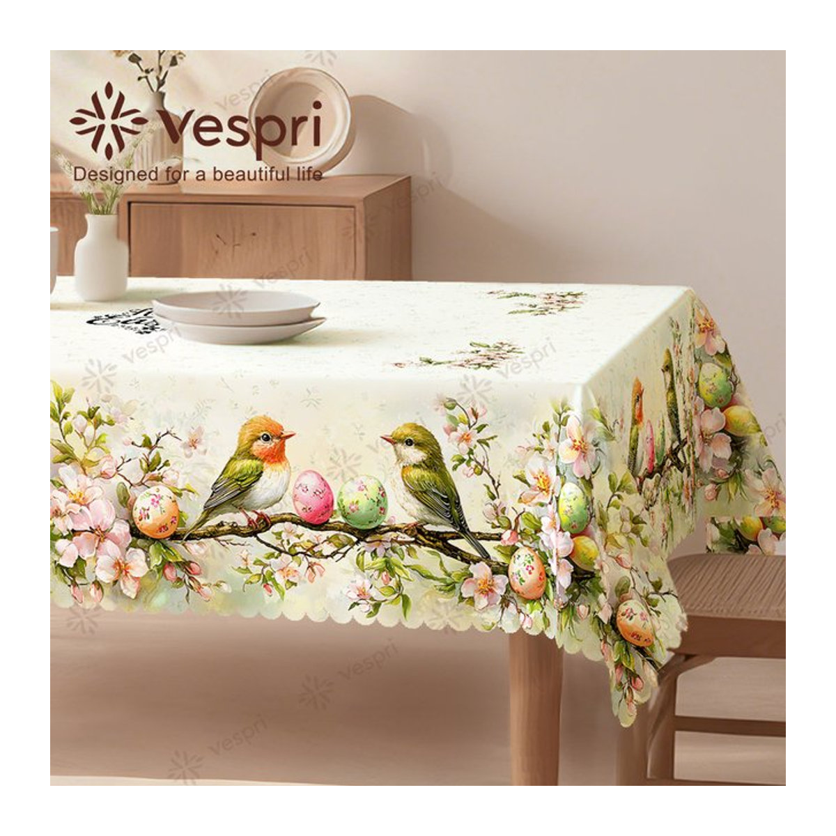 Vespri Oster-Tischdecke mit weiß-grünem Vogel-Ei-Blumen-Druck aus Polyester-Leinen für runde, rechteckige oder ovale Tische - Bild 1