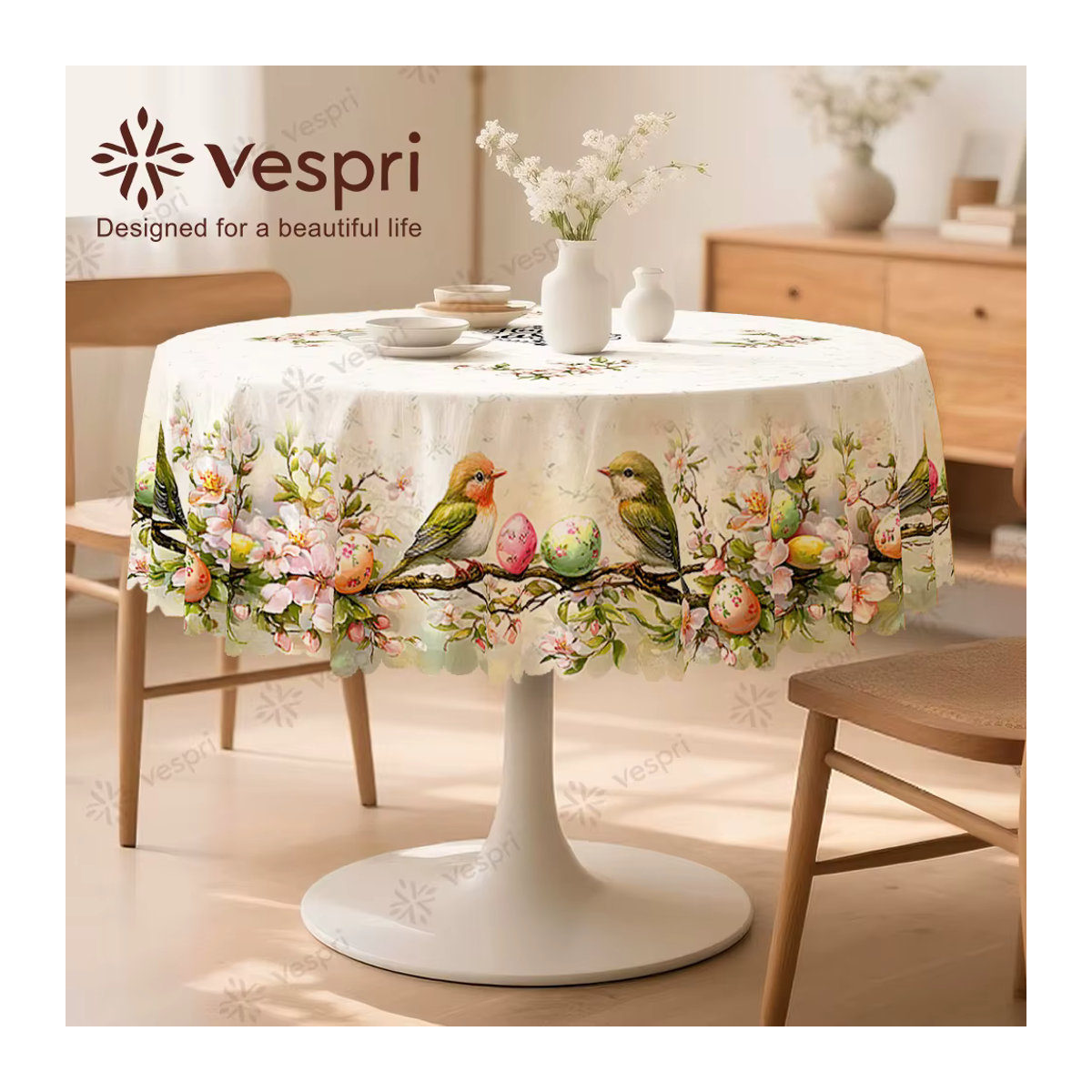 Vespri Oster-Tischdecke mit weiß-grünem Vogel-Ei-Blumen-Druck aus Polyester-Leinen für runde, rechteckige oder ovale Tische - Bild 2