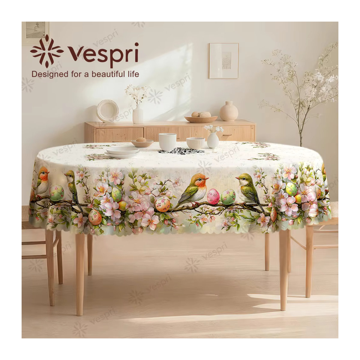 Vespri Oster-Tischdecke mit weiß-grünem Vogel-Ei-Blumen-Druck aus Polyester-Leinen für runde, rechteckige oder ovale Tische - Bild 3