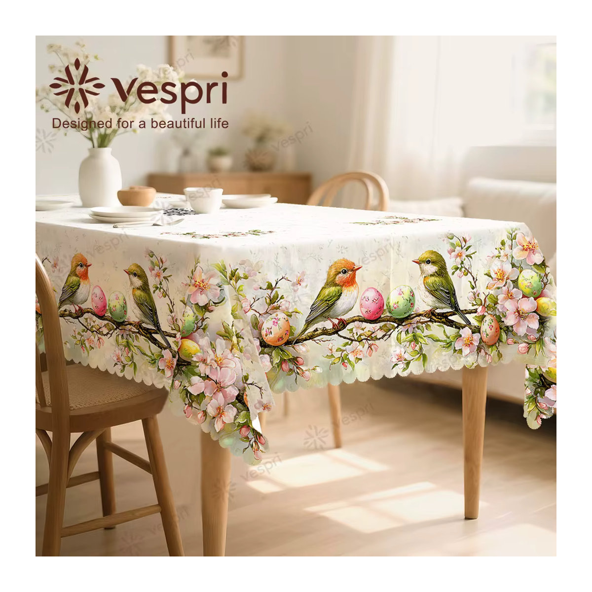 Vespri Oster-Tischdecke mit weiß-grünem Vogel-Ei-Blumen-Druck aus Polyester-Leinen für runde, rechteckige oder ovale Tische - Bild 4