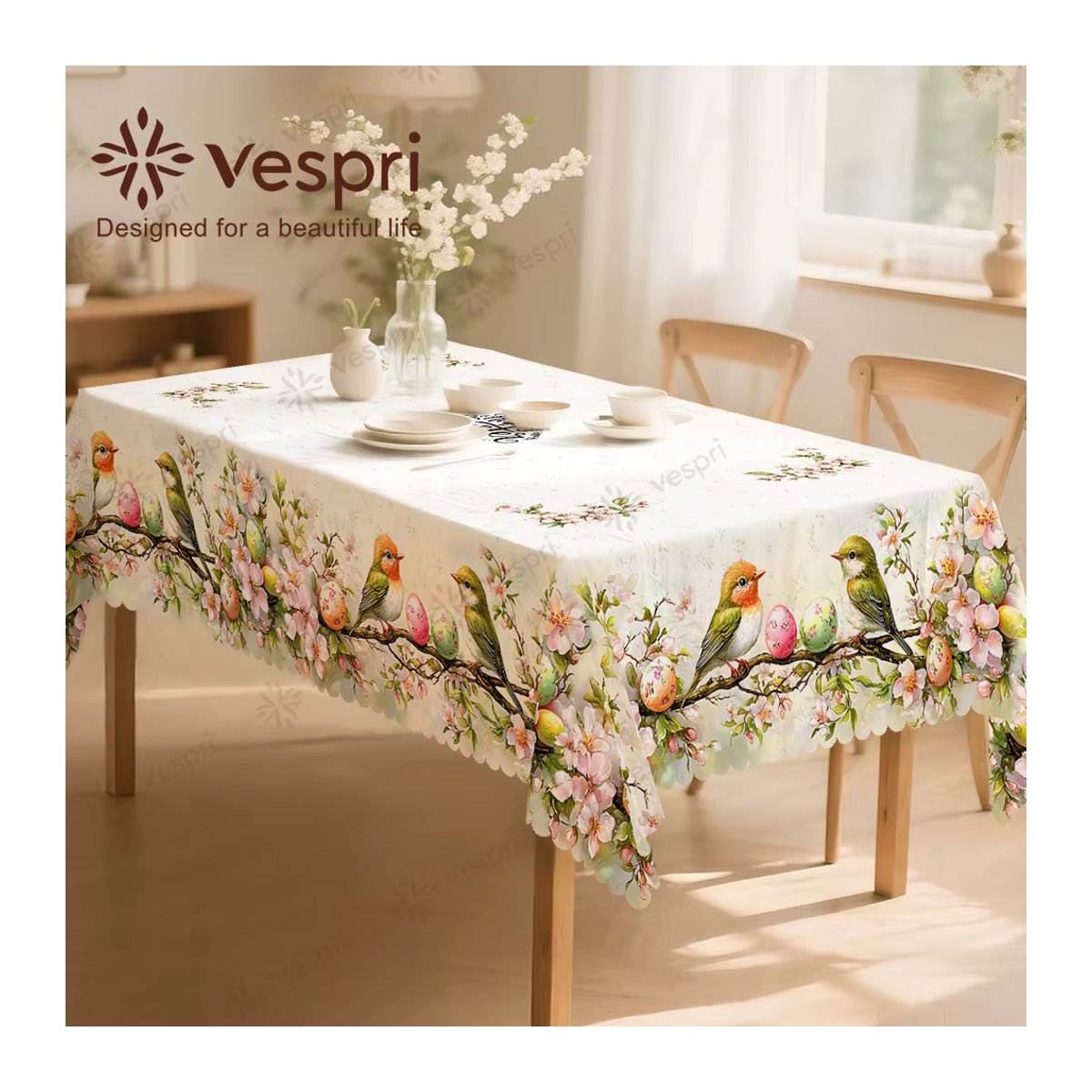 Vespri Oster-Tischdecke mit weiß-grünem Vogel-Ei-Blumen-Druck aus Polyester-Leinen für runde, rechteckige oder ovale Tische - Bild 5