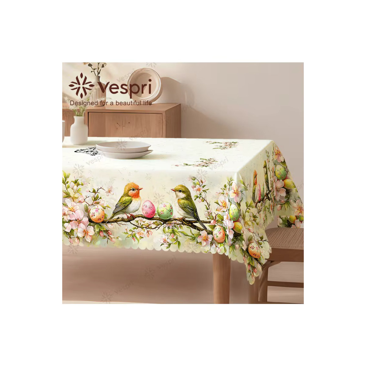 Vespri Oster-Tischdecke mit weiß-grünem Vogel-Ei-Blumen-Druck aus Polyester-Leinen für runde, rechteckige oder ovale Tische - Bild 6