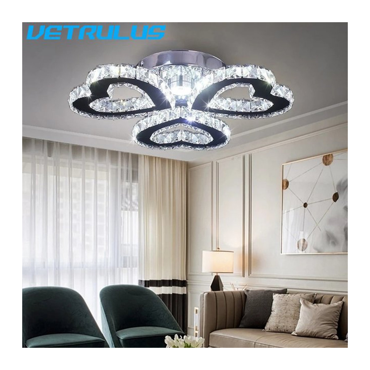 VETRULUS Moderne LED Kristall Deckenleuchte im skandinavischen Design mit Chrom und Glas für Wohnzimmer und Schlafzimmer - Bild 1