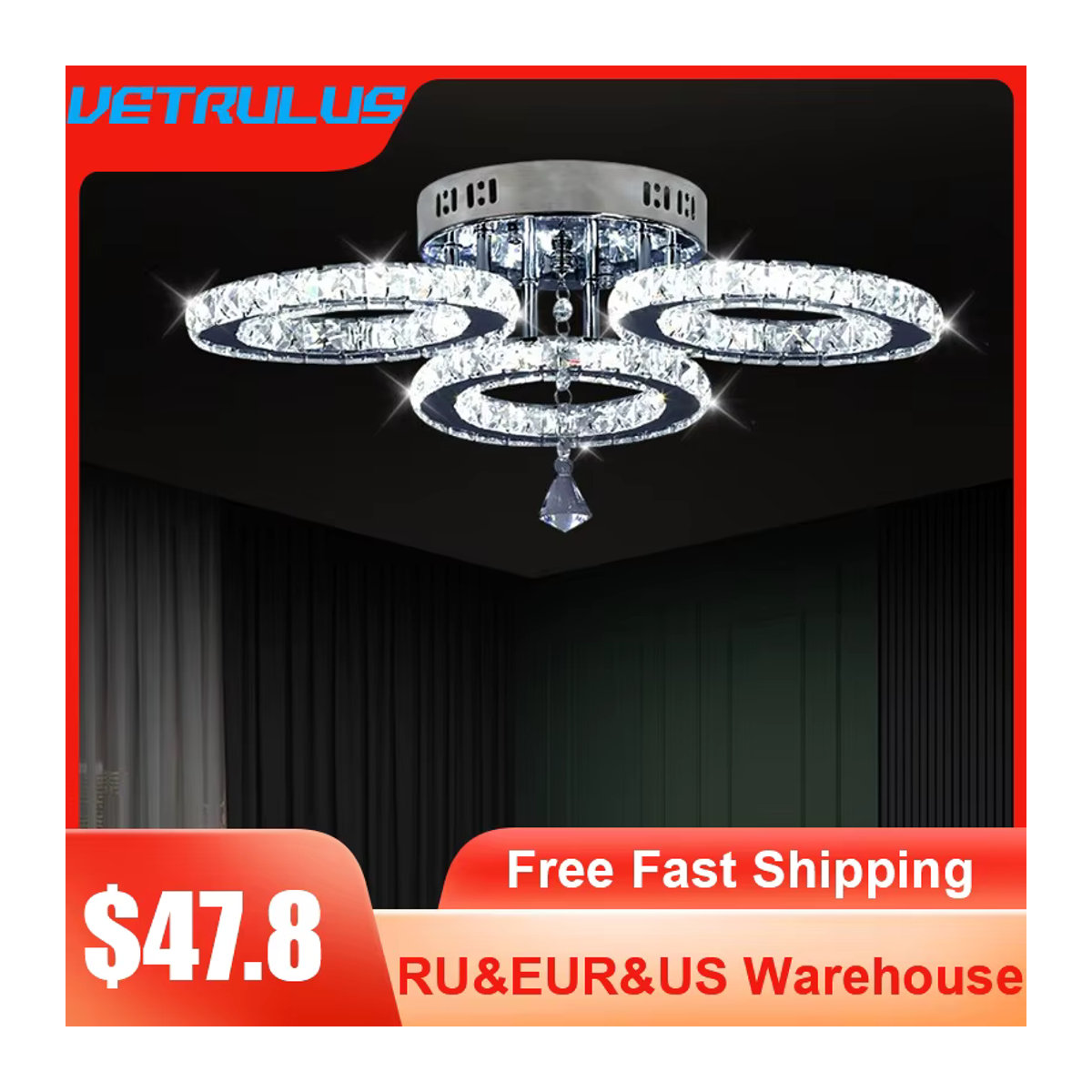 VETRULUS Moderne LED Kristall Deckenleuchte im skandinavischen Design mit Chrom und Glas für Wohnzimmer und Schlafzimmer - Bild 2