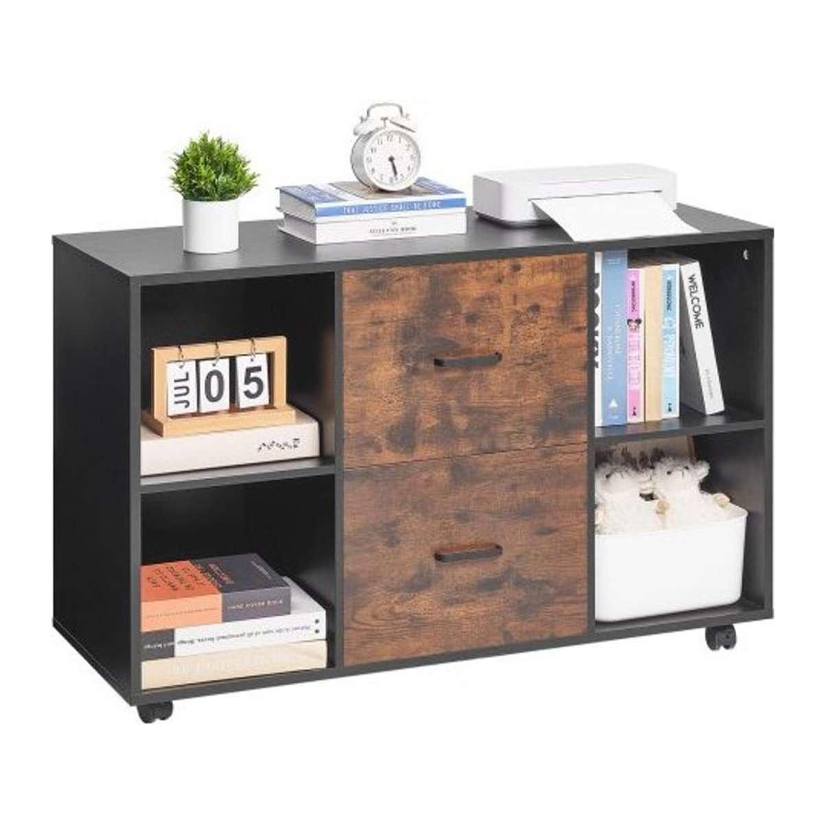 VEVOR Aktenschrank aus Holz in Schwarz mit 2 Schubladen, mobiler Büroschrank mit offenen Regalen und abschließbarem Fach, Rollaktenschrank mit verstellbaren Regalen und Druckerständer, B/T/H: 100 x 40 x 66 cm - Bild 1
