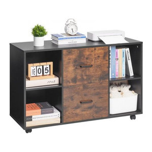 VEVOR Aktenschrank aus Holz in Schwarz mit 2 Schubladen, mobiler Büroschrank mit offenen Regalen und abschließbarem Fach, Rollaktenschrank mit verstellbaren Regalen und Druckerständer, B/T/H: 100 x 40 x 66 cm