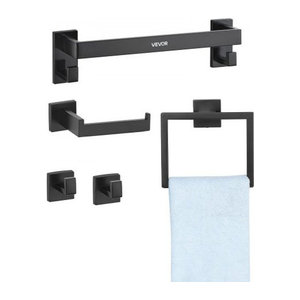 VEVOR Badezimmer Hardware Zubehör Set 5-teilig aus Edelstahl in Mattschwarz mit Handtuchstange, Handtuchring, 2 Haken, Toilettenpapierhalter und Seifenspender zur Wandmontage