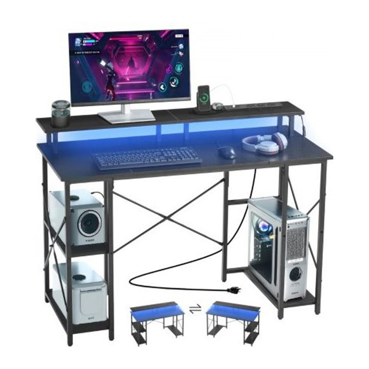 VEVOR Computertisch Schwarz mit LED-Leuchten, Steckdosen und Monitorständer, moderner Schreibtisch aus Stahl und Holzwerkstoff, B/T/H: 120 x 50 x 86,5 cm - Bild 1