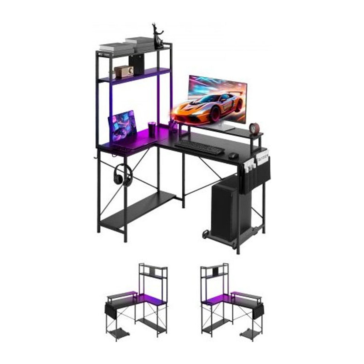 VEVOR Gaming Tisch L-Form in Schwarz mit Monitorständer, Steckdosen und CPU-Ständer, Eckschreibtisch aus Stahl und Holzwerkstoff, B/T/H: 160 x 120 x 75 cm - Bild 1