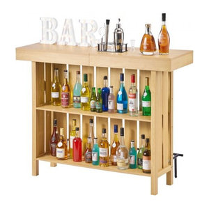 VEVOR Hausbar Modern Skandinavisch aus Holzwerkstoff und Metall in Natur, Bartresen mit 3 Ebenen, Fußstütze und Flaschenöffner-Halter, B/T/H: 140 x 39,8 x 105,5 cm
