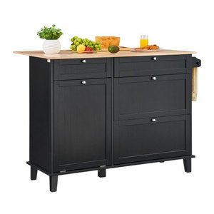 VEVOR Kücheninselwagen in Schwarz und Natur mit Holzplatte, Frühstücksbar im Landhausstil mit ausklappbarer Klappplatte, Müllschrank, Schublade und Handtuchhalter, Breite: 128 cm