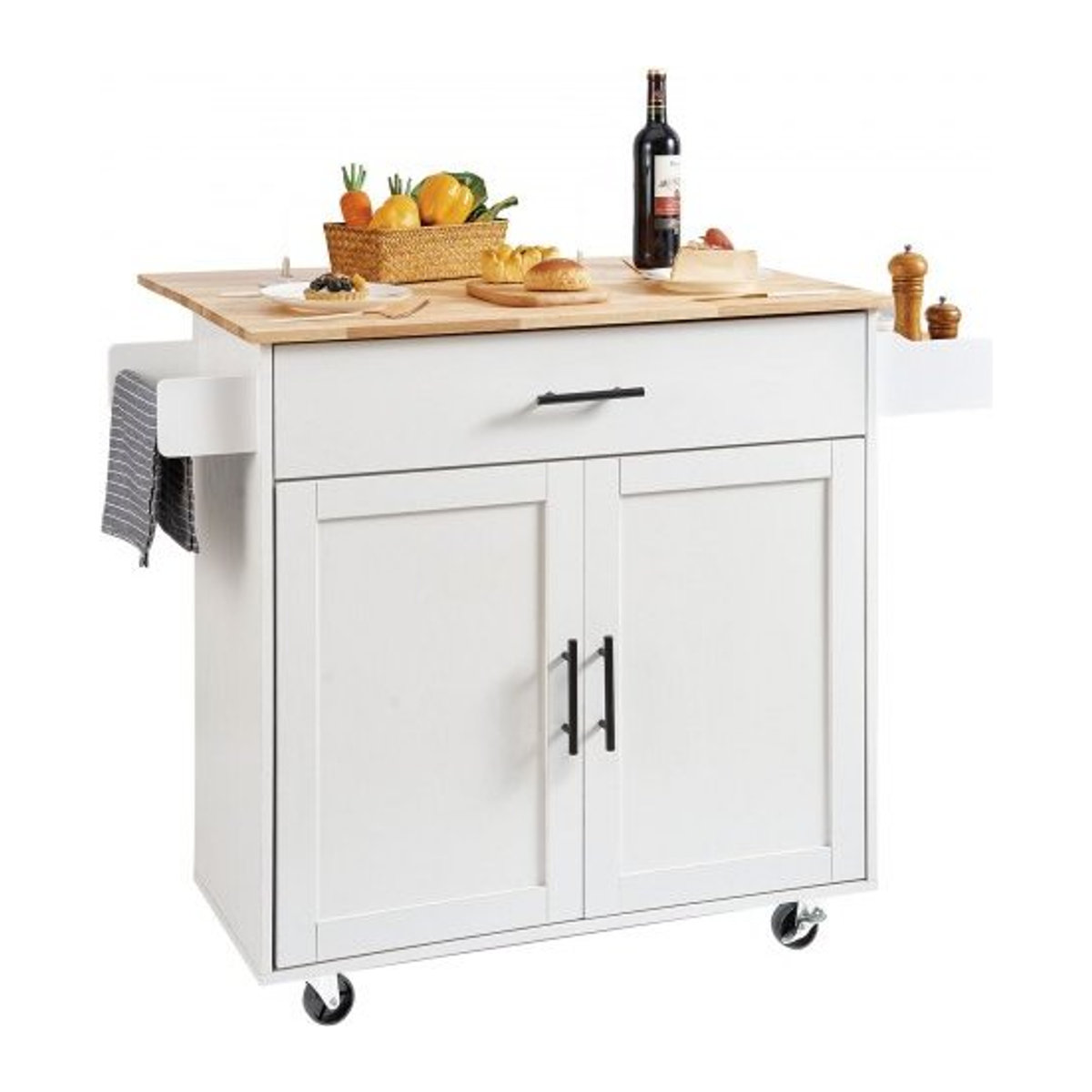 VEVOR Küchenwagen aus Massivholz in Weiß mit Handtuchhalter, 1 Schublade und Mikrowellenschrank im Landhausstil, B/T/H: 119,0 x 69,5 x 90,5 cm - Bild 1