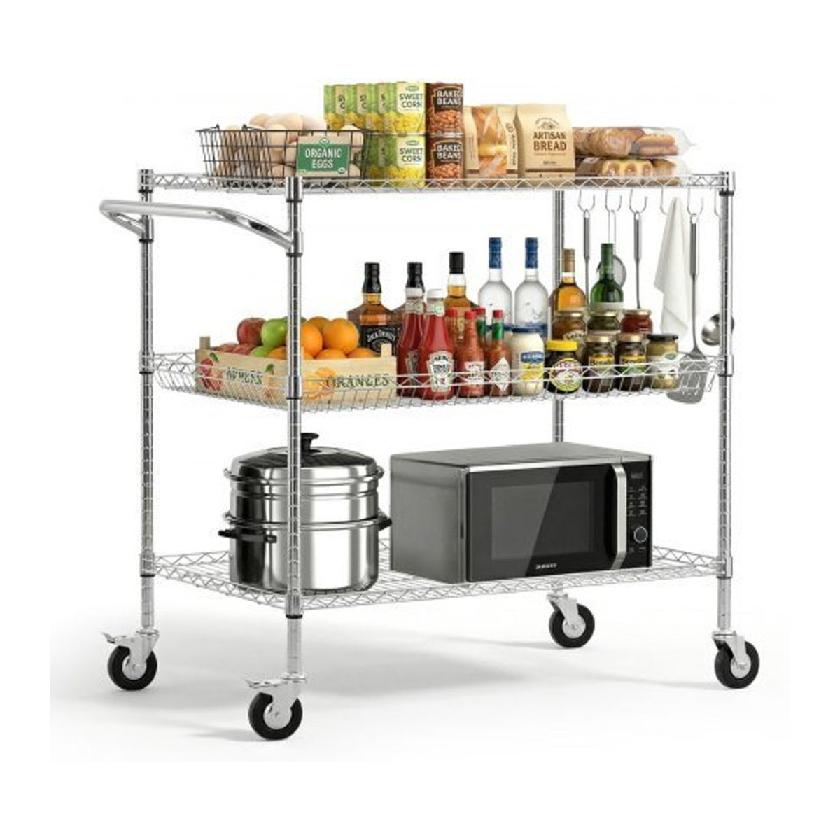 VEVOR Küchenwagen aus Metall in Silber mit 3 Ebenen, Schwerlast-Servierwagen mit höhenverstellbaren Drahtablagen und Griff, H x B x T: 104 x 63,5 x 63,5 cm - Bild 1