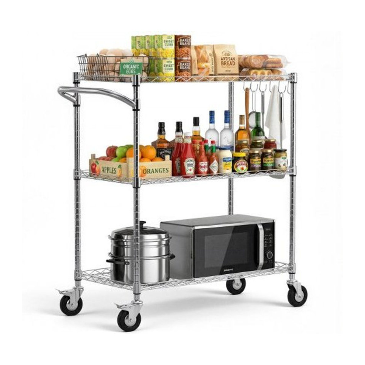 VEVOR Küchenwagen aus Metall mit 3 Ebenen in Silber, Schwerlast-Servierwagen bis 300 kg mit höhenverstellbaren Drahtablagen und Griff, B/T/H: 89,0 x 45,3 x 104,0 cm - Bild 1