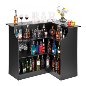 VEVOR L-förmige Hausbar aus Holzwerkstoff mit 4 Ebenen und Weinglashalter, Schwarz, B/T/H: 130 x 52,8 x 112 cm