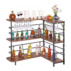 VEVOR L-förmige Hausbar aus Holzwerkstoff und Metall in Nussbaum mit 3 Ebenen, Weinglashalter und Stauraum, Industrial Design, B/T/H: 120 x 90 x 109,5 cm
