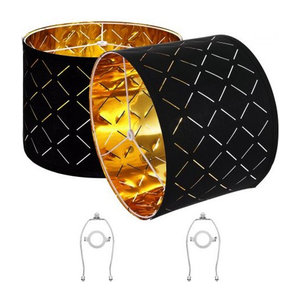 VEVOR Lampenschirm Trommel Set aus Stoff und Metall in Schwarz und Gold, 2 mittelgroße Ersatzschirme mit Harfe für Tischlampen und Stehlampen, Design: schwarzes Diamant-Hohldesign, B/T/H: 33 x 33 x 25 cm