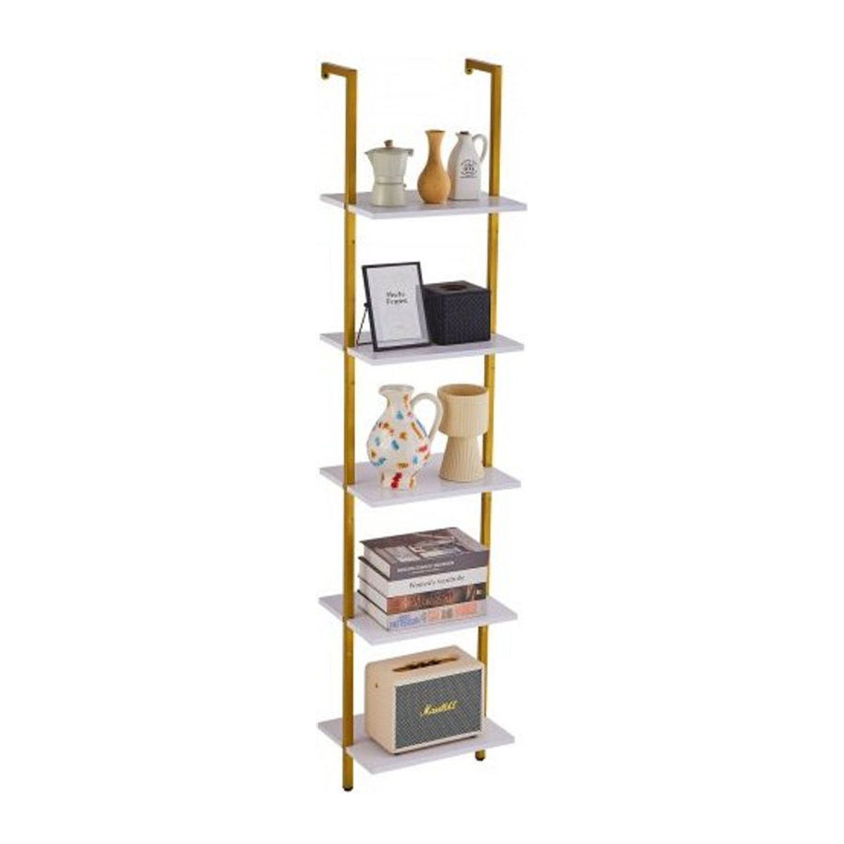 Vevor Leiterregal mit Metallrahmen und Holzregalen in Goldweiß für die Wandmontage, 5 Ebenen, Industrial Design - Bild 1