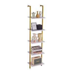 Vevor Leiterregal mit Metallrahmen und Holzregalen in Goldweiß für die Wandmontage, 5 Ebenen, Industrial Design