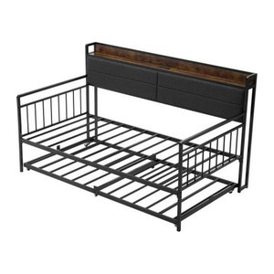VEVOR Tagesbettrahmen in Twin-Größe mit Ausziehbett und Ladestation, Metall-Plattformbett in Schwarz für Wohnzimmer und Gästezimmer
