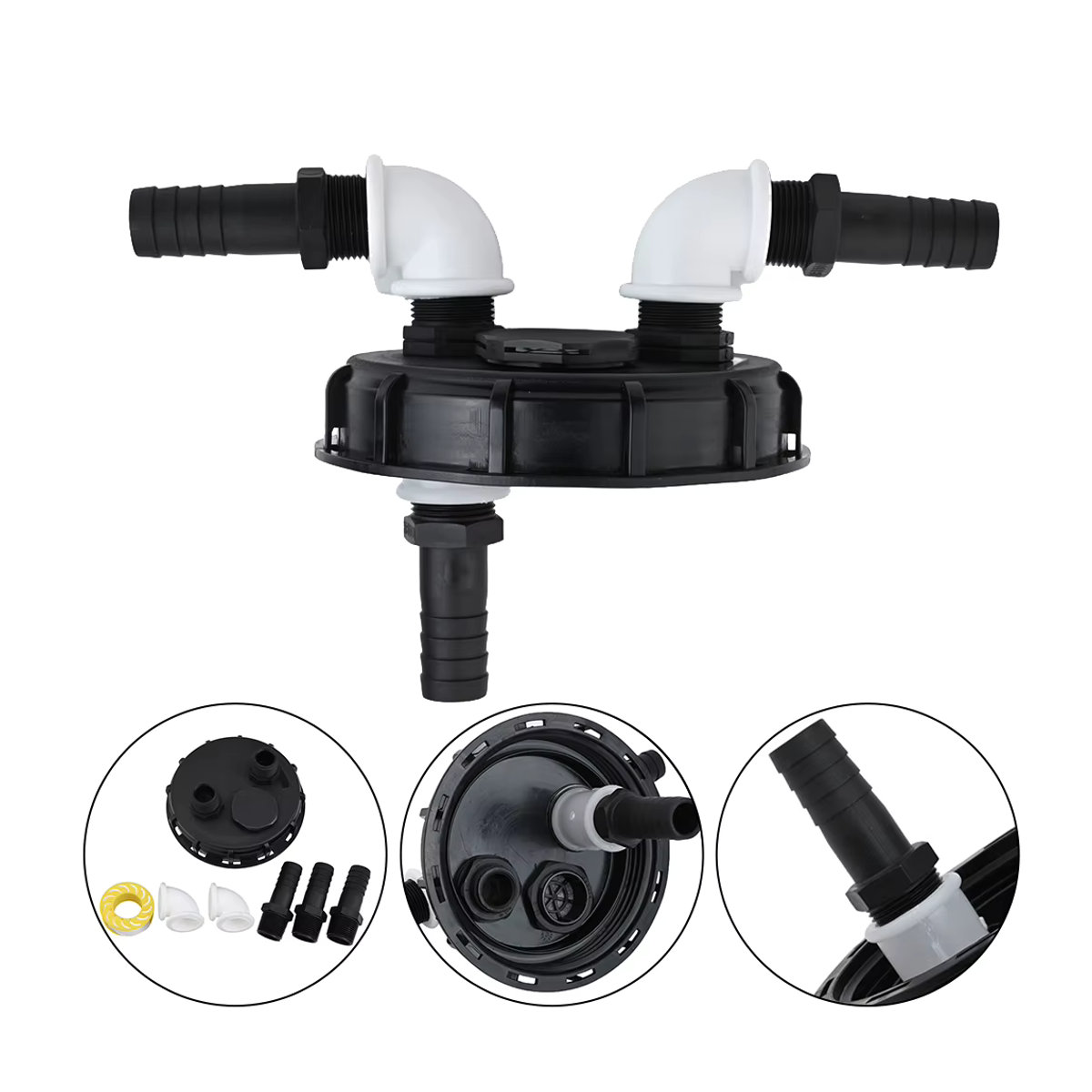 VIBRATITE IBC Kappe Wasser Tank Adapter mit 2x25mm Schnellanschluss für Regenwasser Filter Abdeckung, Schwarz, Kunststoff - Bild 5