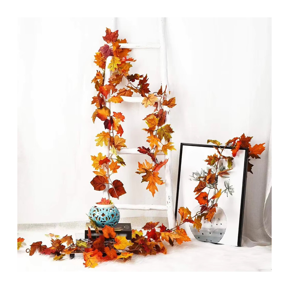 VIBRATITE Künstliche Ahornblatt Girlande in Orange, 200 cm hängende Herbstdeko für Garten, Hochzeit, Halloween und Weihnachten - Bild 4