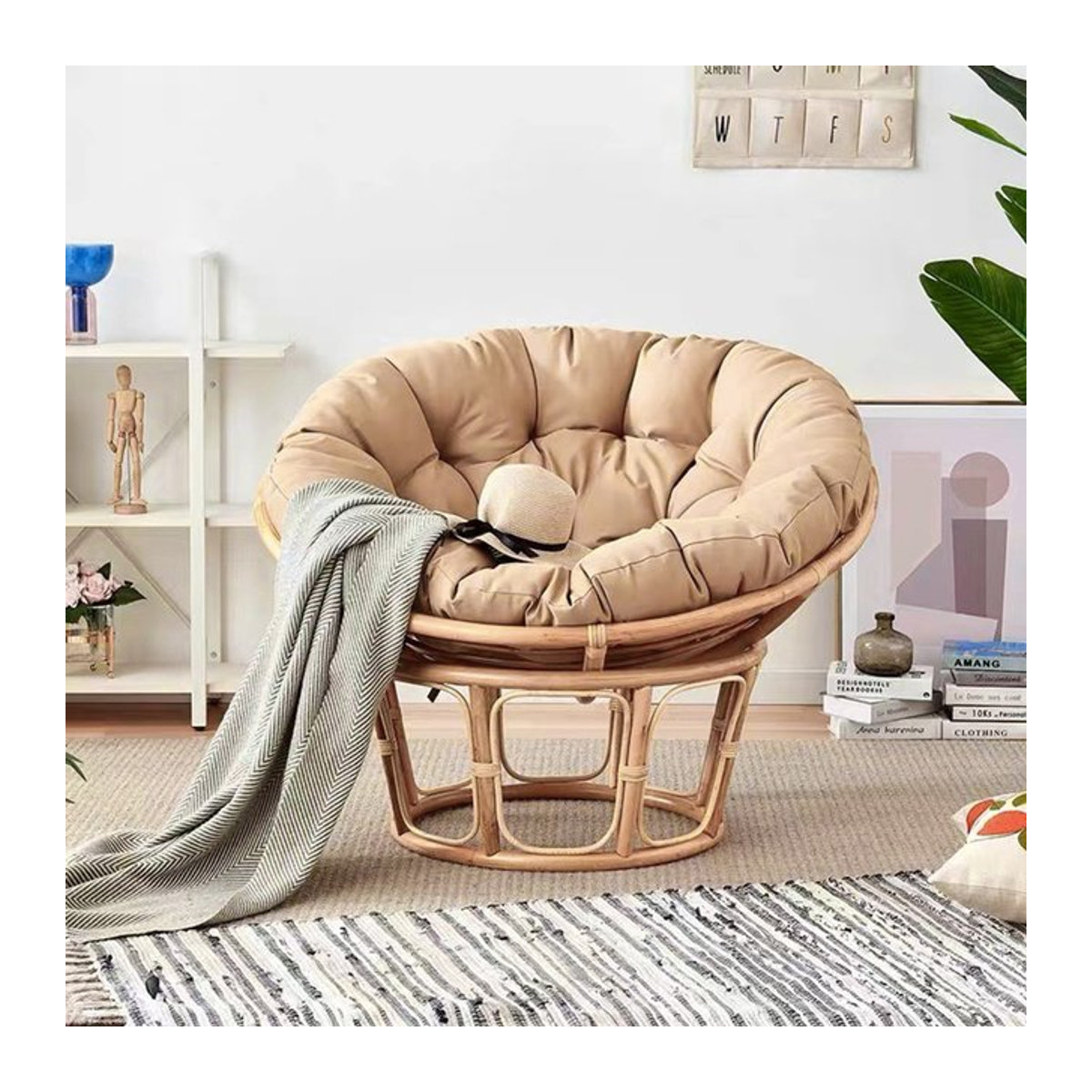 VIBRATITE Papaya-Hängestuhl im Bohemian-Stil aus Rattan mit rundem Kissen in Beige, wasserdicht für den Innen- und Außenbereich - Bild 1