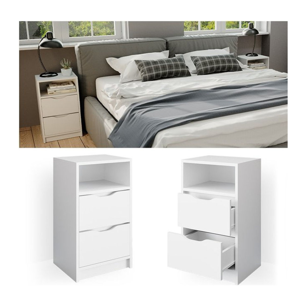 Vicco 2er Set Nachttisch Ruben in Weiß, Modernes Design, B: 38 cm, H: 66.6 cm, T: 31 cm - Bild 2