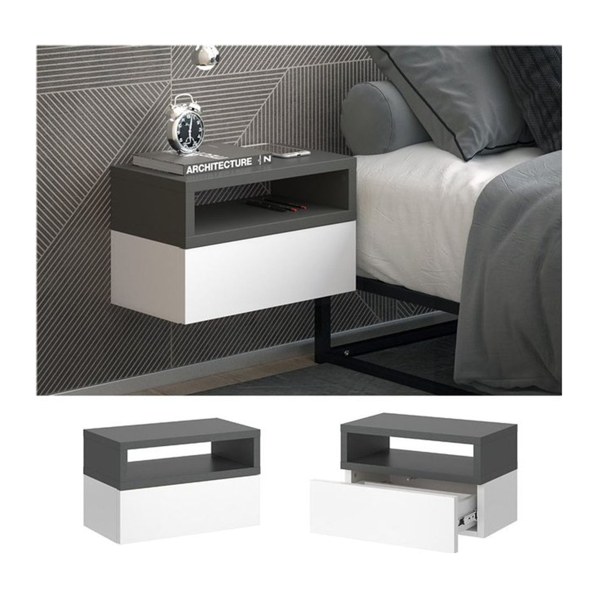 Vicco 2er Set Nachttische Urbano Modern in Weiß Anthrazit mit Schubladen B/T/H: 45 x 28 x 16,02 cm - Bild 1