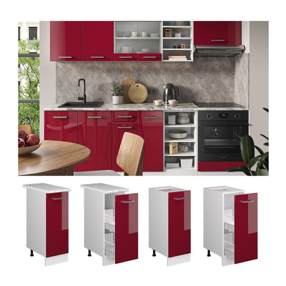 Vicco Apothekerschrank R-Line in Bordeaux Hochglanz mit Marmor-Arbeitsplatte, Weiß/Rot, Breite: 30 cm, Höhe: 81,6 cm, Tiefe: 60 cm - Bild 1